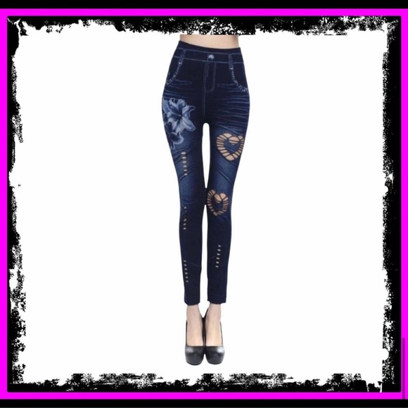 New Sick Fashion Heart Stretchy Jean Style Leggings Lily Hollow Seconds - Picture 7 of 9